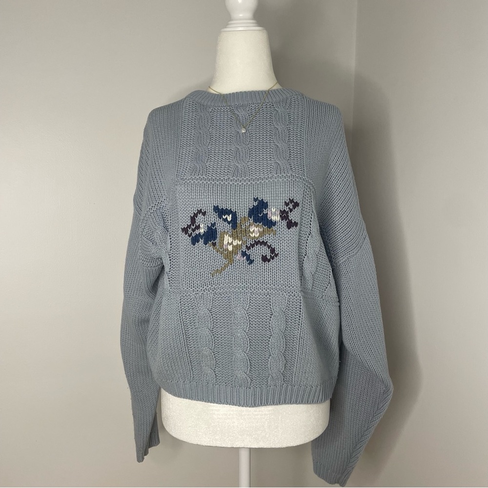 VTG Traditions By Stéfano Light Baby Blue Floral Patchwork Cable Knit Sweater S